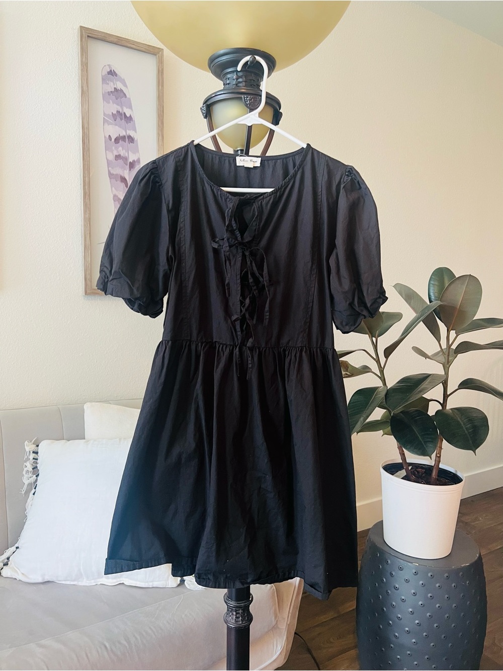 Black Short Puff Sleeve Tie-Front Mini Dress